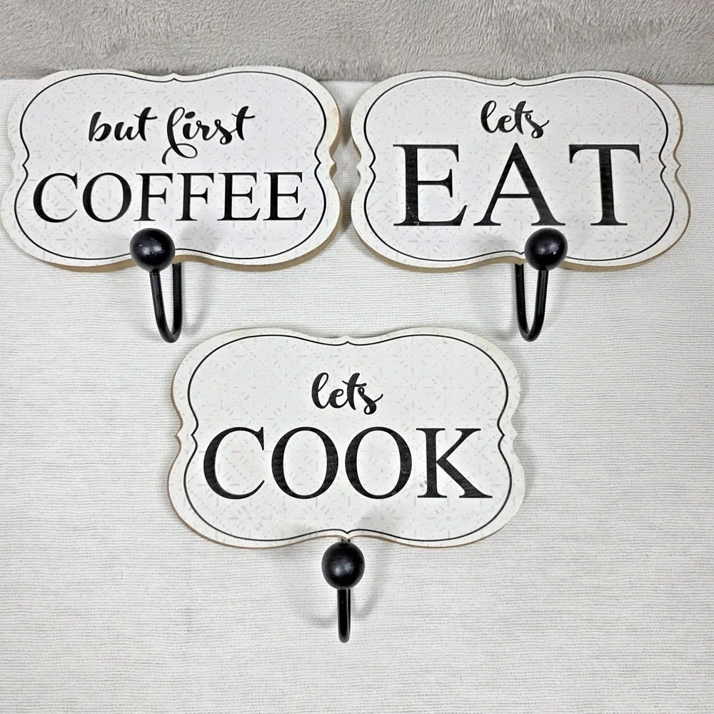 Let's Cook 3 Piece Wall Decor With Hooks Kitchen Decor
